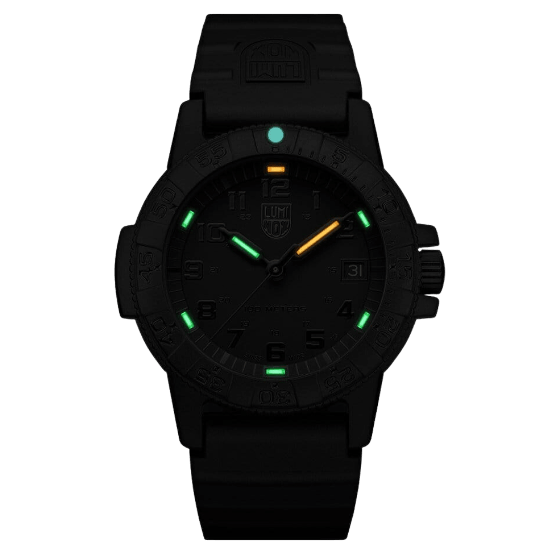 Luminox Leatherback SEA Turtle watch featuring a blackout design with multi-colored luminous markers.