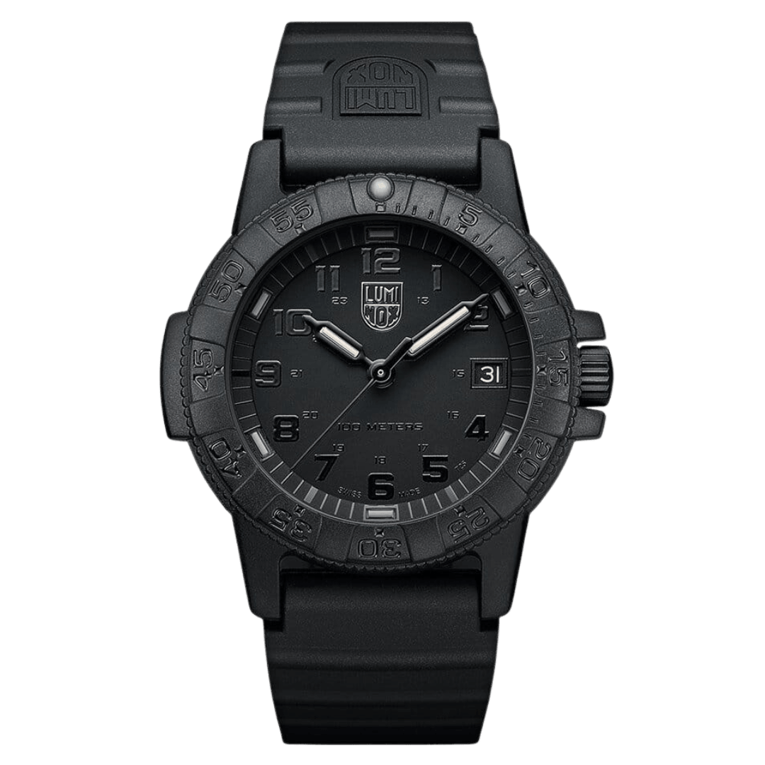 Luminox Leatherback Sea Turtle watch in black with a silicone strap and water resistance features.