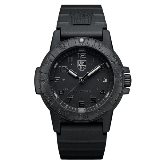 Luminox Leatherback Sea Turtle watch in black with a silicone strap and water resistance features.