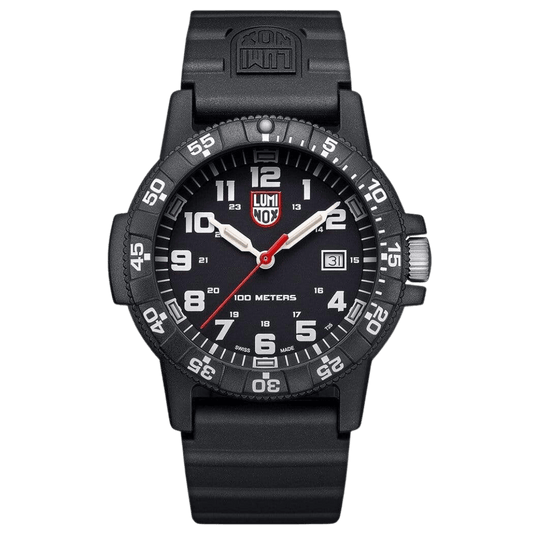 Leatherback SEA Turtle Giant 44mm outdoor watch for men with black dial and PU strap, water resistant to 100 meters.