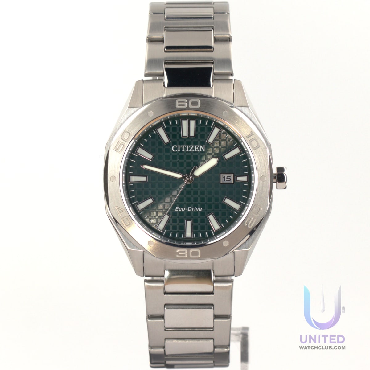 Citizen Eco-Drive green dial watch with stainless steel bracelet and date function.