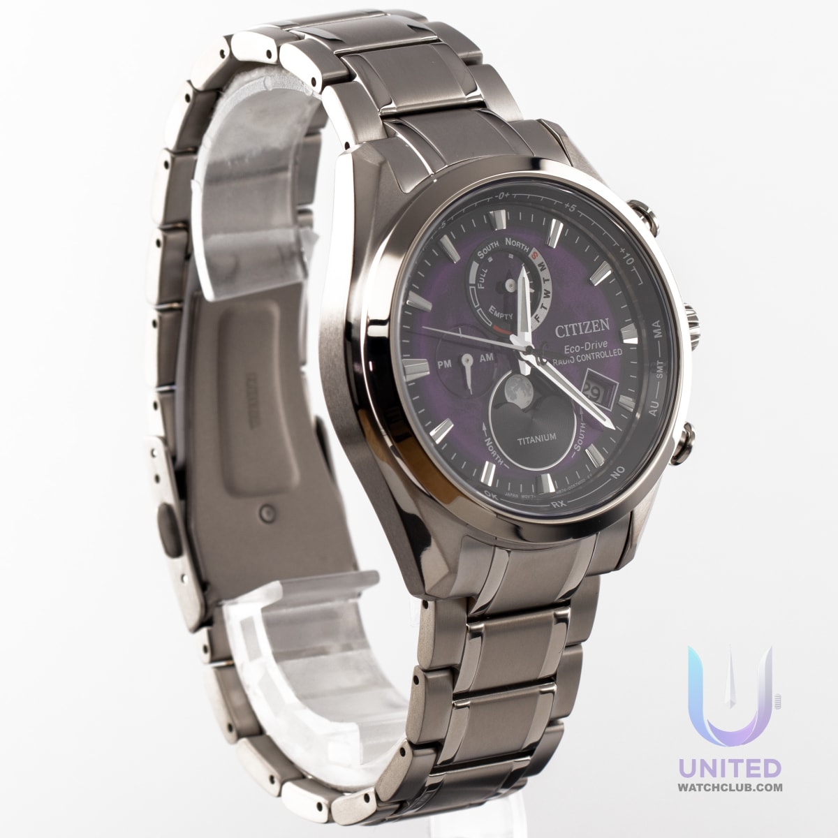 Citizen Tsuki-yomi A-T watch displayed with a silver-tone titanium case and deep purple dial.