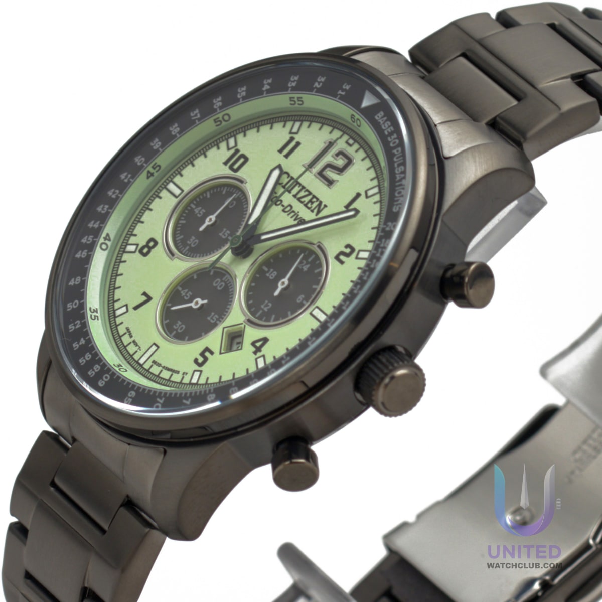 Citizen Eco-Drive Chronograph watch green dial on a metal bracelet, featuring a luminous dial for enhanced visibility.