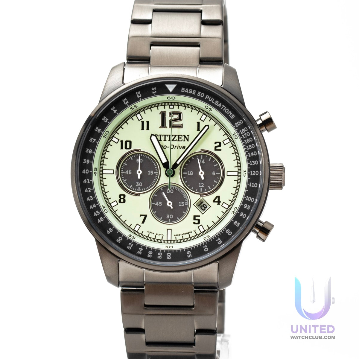 Citizen Eco-Drive Chronograph watch green dial on a stainless steel bracelet with luminous features.
