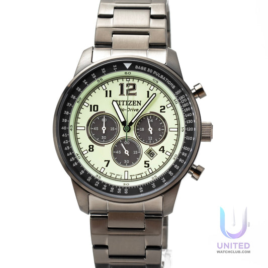 Citizen Eco-Drive Chronograph watch green dial on a stainless steel bracelet with luminous features.