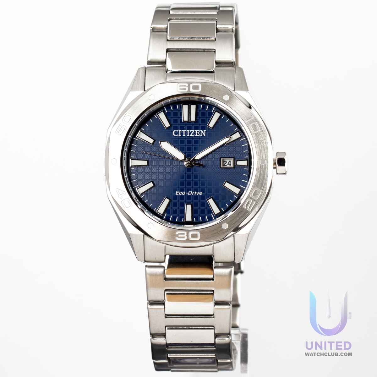 Citizen Eco-Drive Weekender Sport watch with blue dial and silver-tone stainless steel case, model BM7630-80L.
