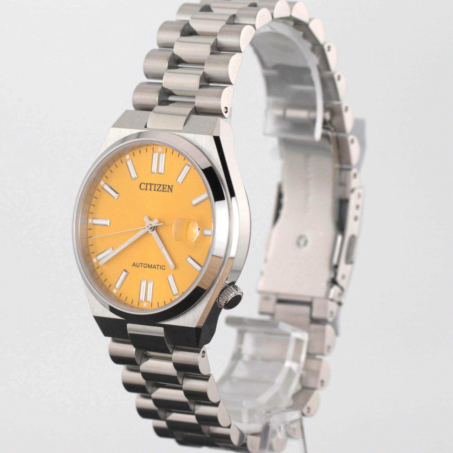 Citizen Tsuyosa automatic men's watch with yellow dial and stainless steel bracelet, showcasing style and functionality.
