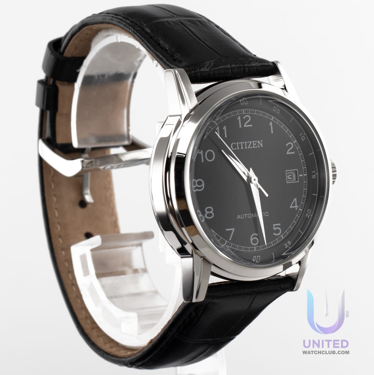 Citizen automatic black dial dress watch with 40mm stainless steel case and elegant leather strap.