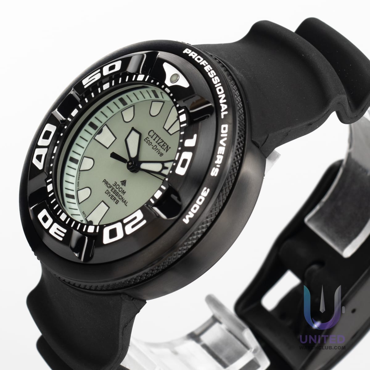Citizen Promaster Marine Diver Watch with green dial and black rubber strap viewed from side