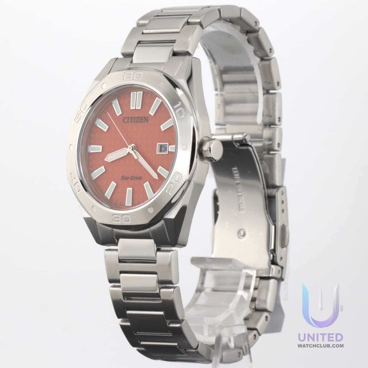 Citizen Eco-Drive BM7630-80Z men's watch with silver-tone stainless steel case and vibrant orange dial.