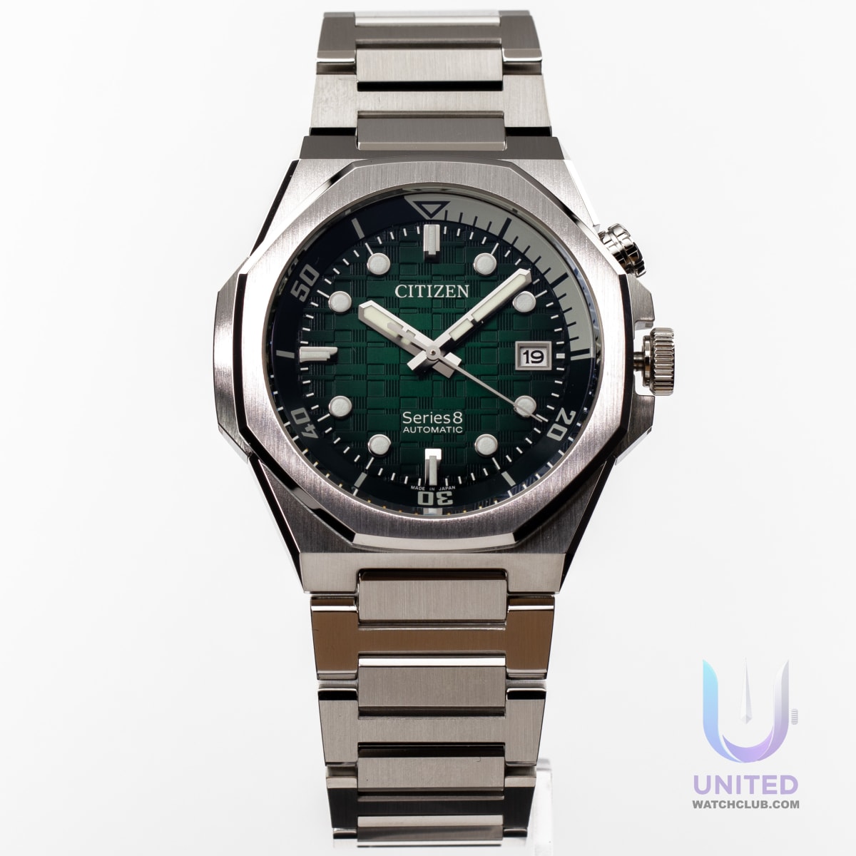 Citizen Series8 green dial watch with textured green dial and silver-tone stainless steel case.