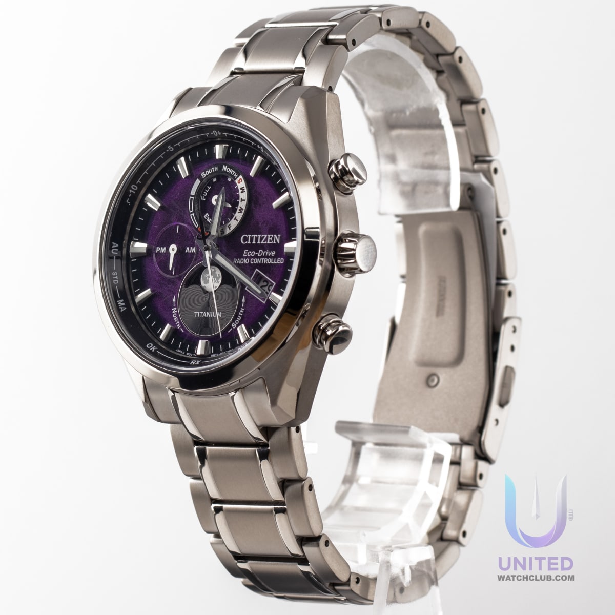 Citizen Tsuki-yomi A-T watch featuring a purple dial and silver-tone Super Titanium™ case.