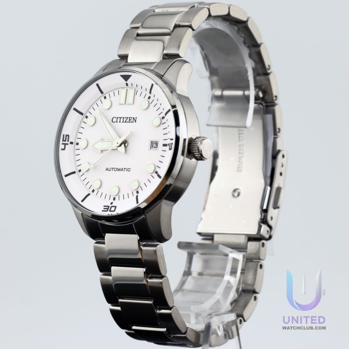 Citizen automatic white dial watch with a stainless steel case and luminous hands, ideal for any occasion.
