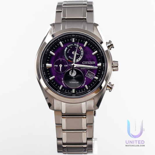 Citizen Tsuki-yomi A-T watch featuring a purple dial and silver-tone titanium case, showcasing style and technology.