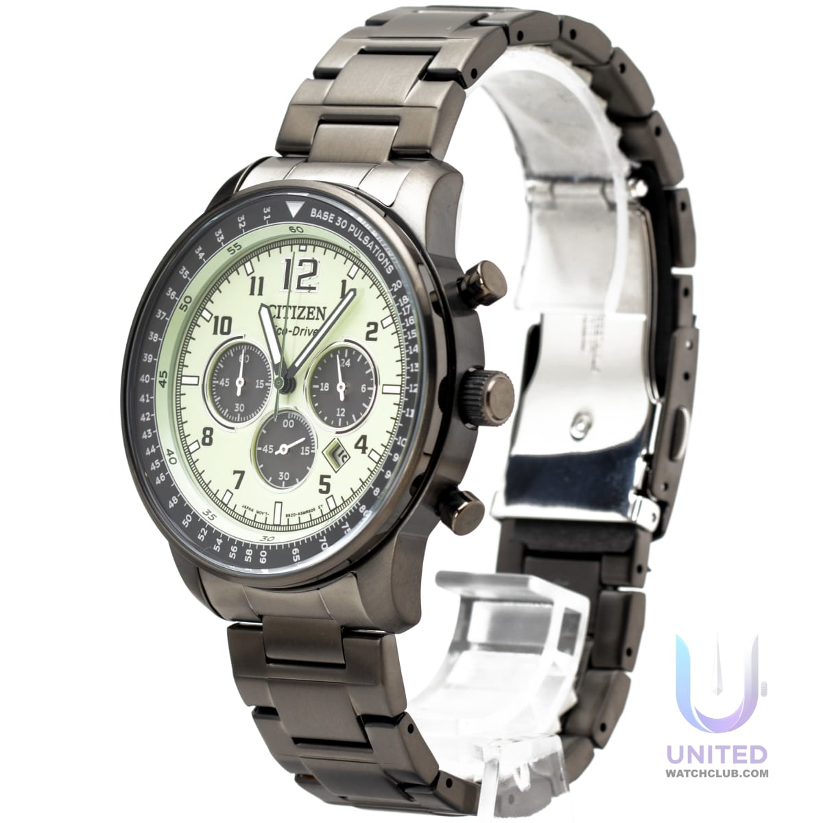 Citizen Eco-Drive Chronograph watch green dial on a stainless steel bracelet, showcasing modern design and functionality.