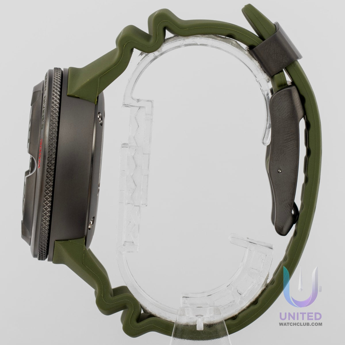 Citizen Promaster Marine green dial diver watch side view showcasing its robust design and stylish green strap.