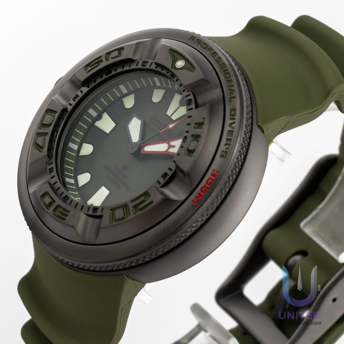 Citizen Promaster Marine green dial diver watch with robust 48mm stainless steel case and rubber strap.