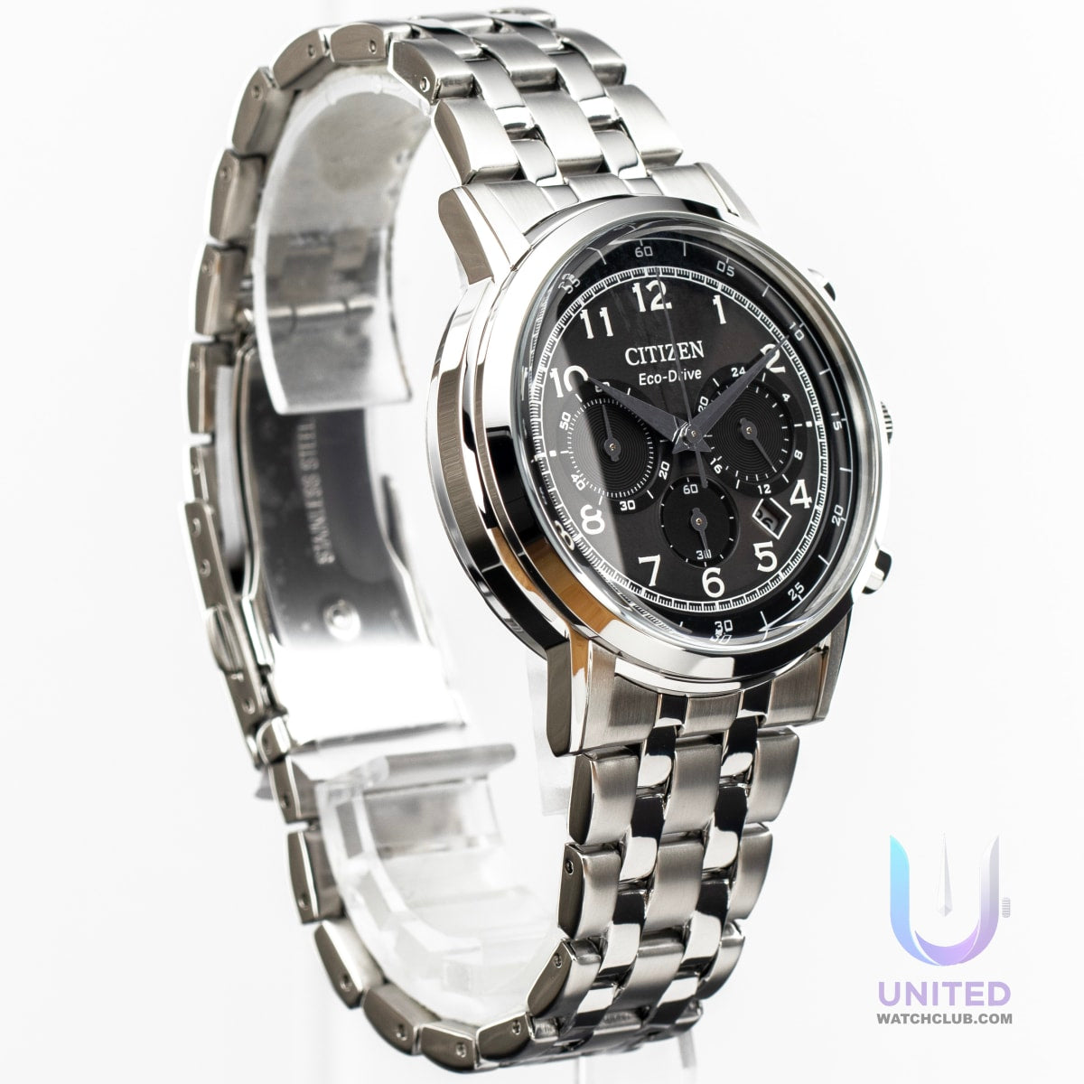 Citizen Eco-Drive chronograph watch showcasing a black dial and stainless steel bracelet.