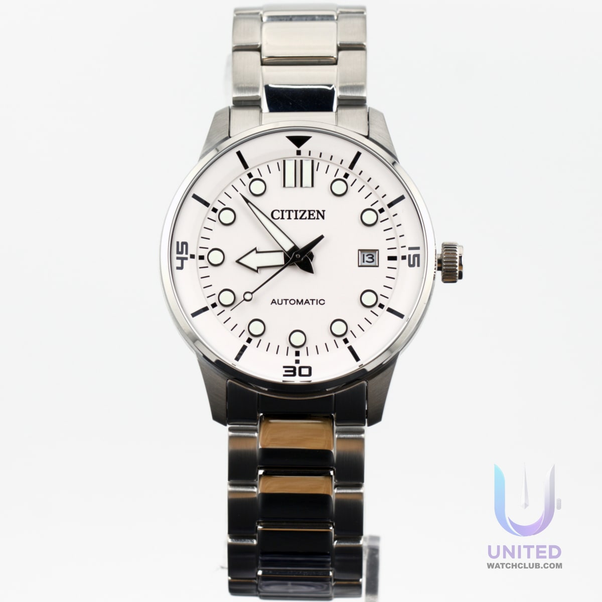 Citizen automatic white dial watch with a 40mm stainless steel case and luminous hands, ideal for any occasion.