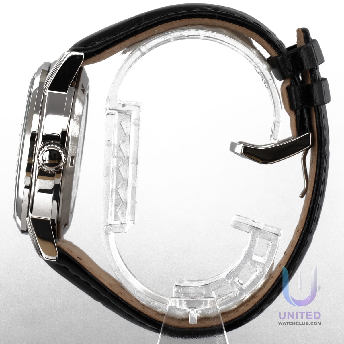 Citizen automatic black dial dress watch side view showcasing sleek stainless steel case and leather strap.