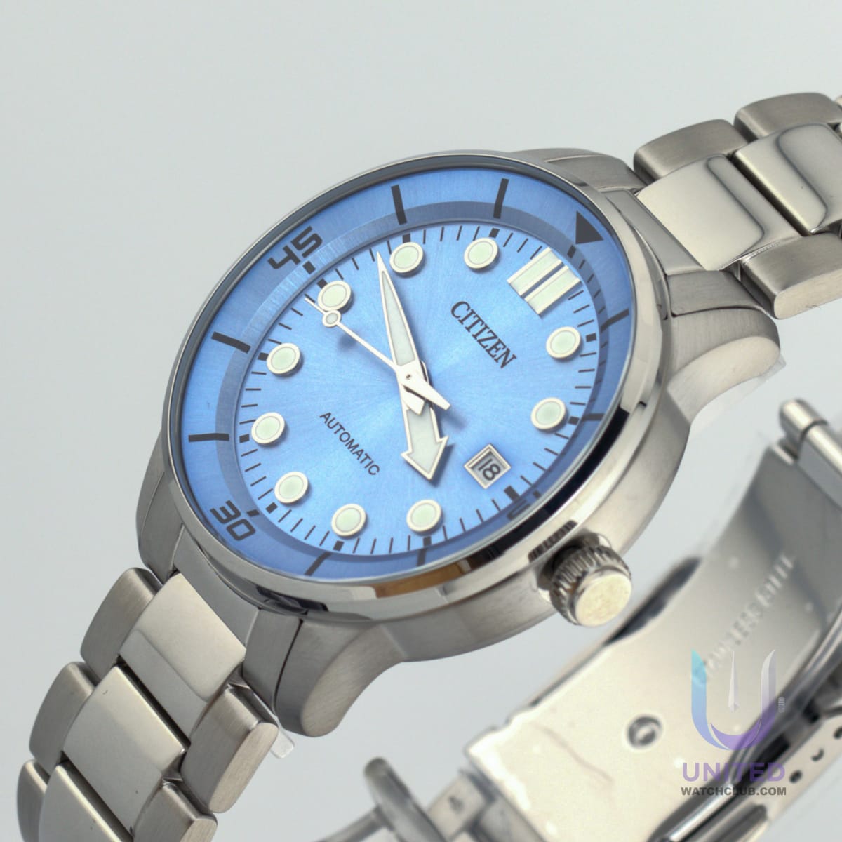 Citizen automatic blue dial watch displayed with a vibrant light blue dial and stainless steel bracelet.