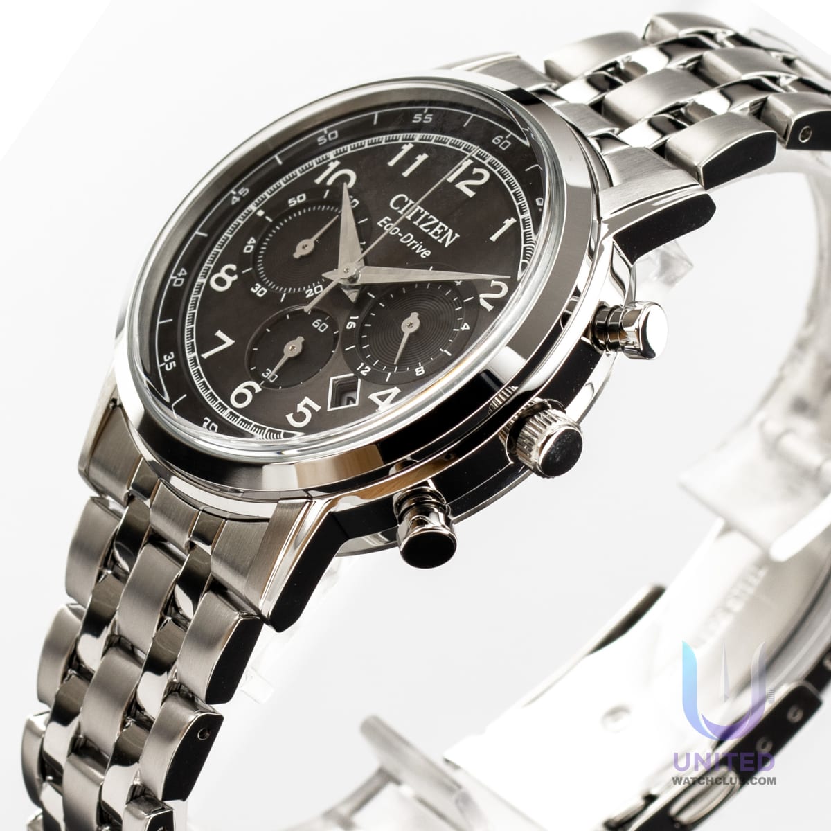 Citizen Eco-Drive chronograph watch with black dial and stainless steel bracelet