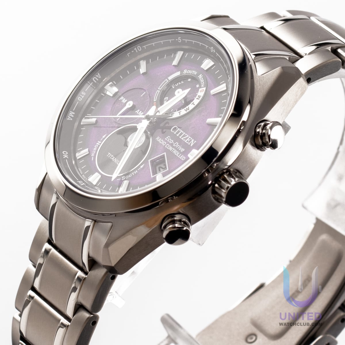 Citizen Tsuki-yomi A-T watch showing its purple dial, silver-tone case, and intricate detailing in a stylish angle.