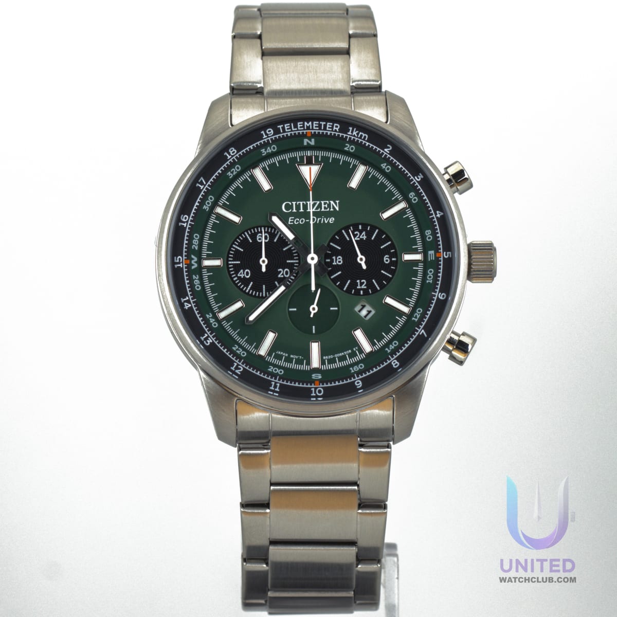 Citizen Eco-Drive chronograph watch with green dial and stainless steel bracelet, model CA4500-91X.