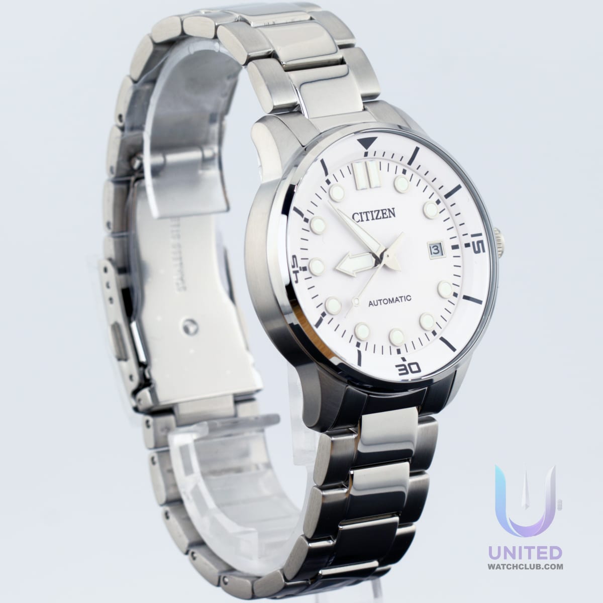 Citizen automatic white dial watch with a 40mm stainless steel case and luminous hands, showcasing elegance and functionality.