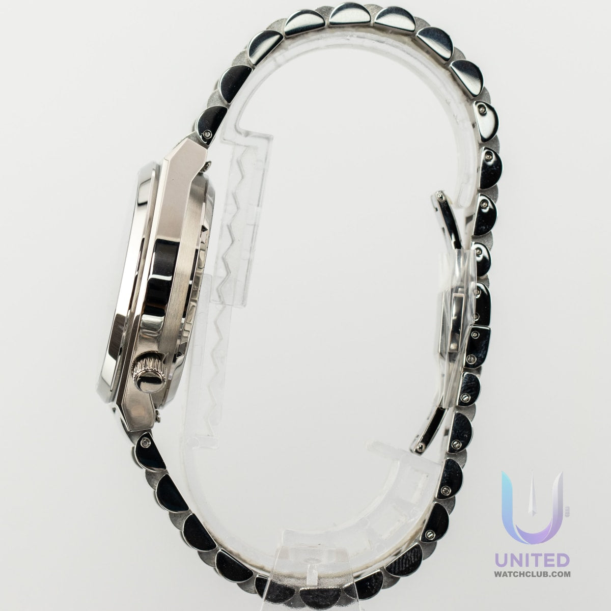 Citizen Tsuyosa automatic watch side view showing the silver-tone case and textured bracelet with sleek design.