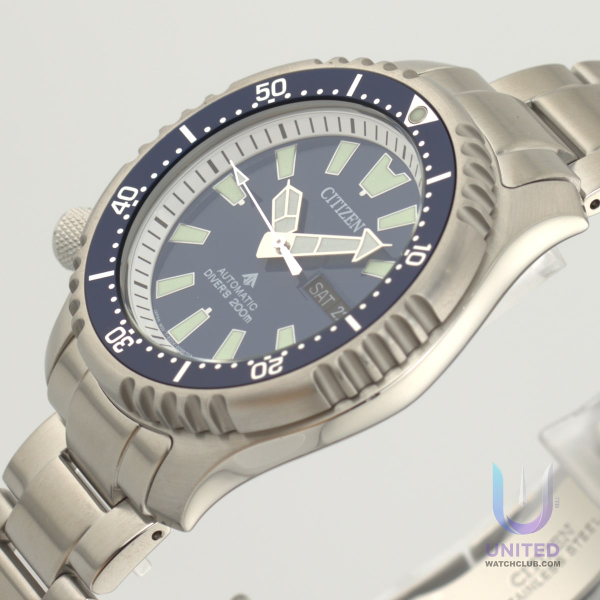 Citizen Promaster Diver's 200m automatic watch with blue dial, stainless steel case, and 42mm size.