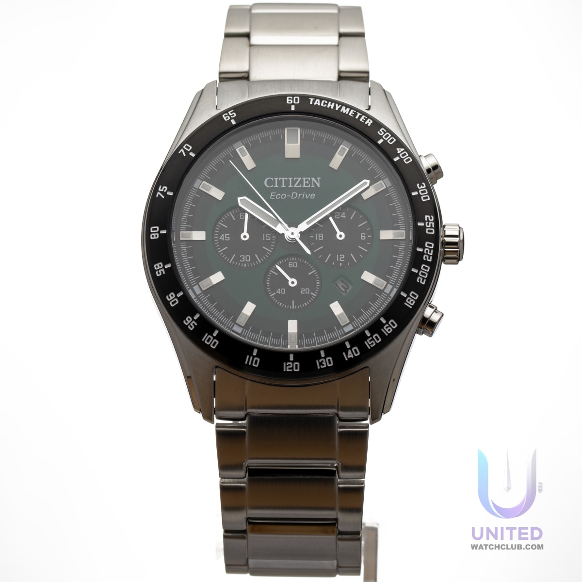 Citizen Eco-Drive green dial chronograph watch with stainless steel case and tachymeter.