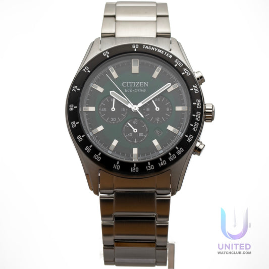 Citizen Eco-Drive green dial chronograph watch with stainless steel case and tachymeter.