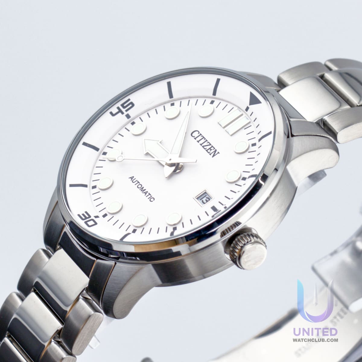 Citizen automatic white dial watch with a 40mm stainless steel case and luminous hands, ideal for any occasion.