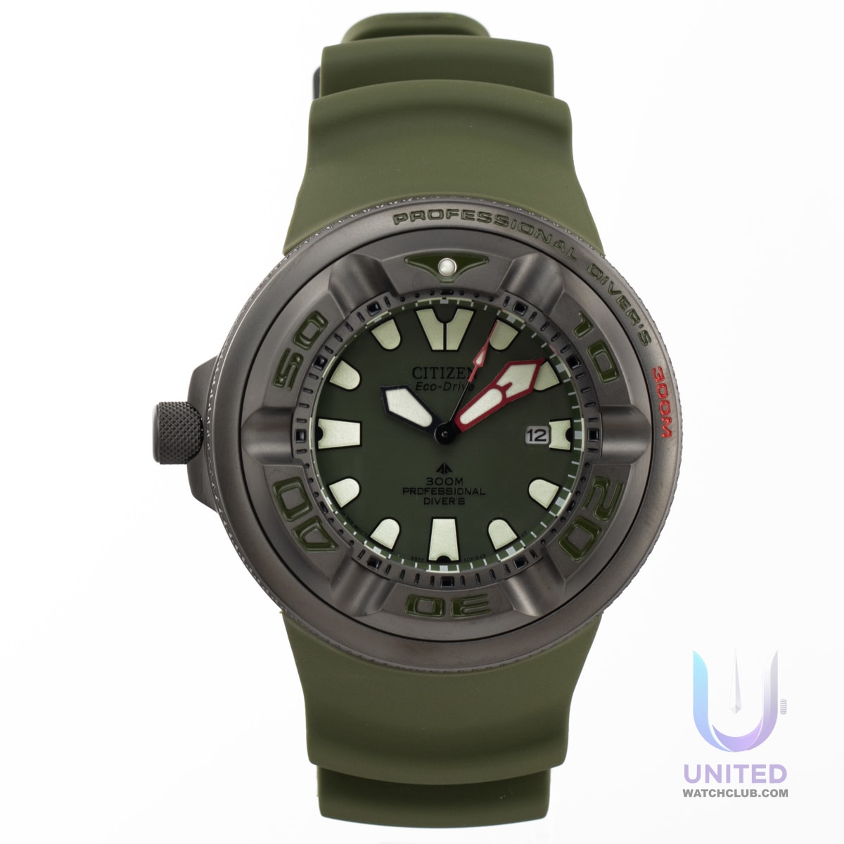 Citizen Promaster Marine green dial diver watch with a robust 48mm case and rubber strap, ideal for diving enthusiasts.