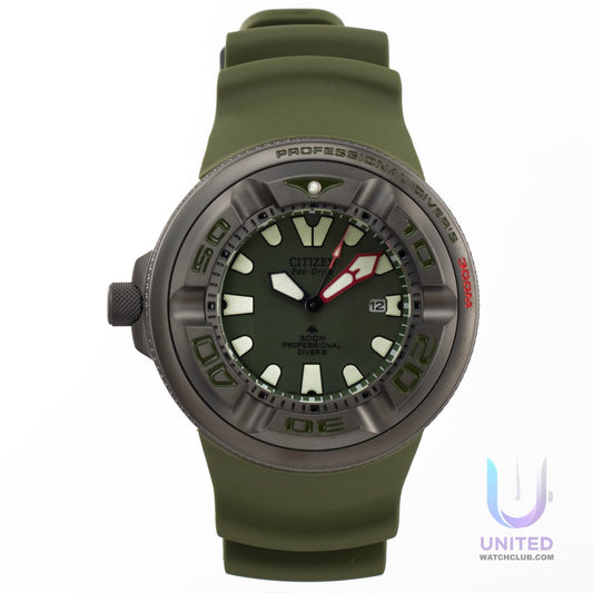 Citizen Promaster Marine green dial diver watch with a robust 48mm case and rubber strap, ideal for diving enthusiasts.