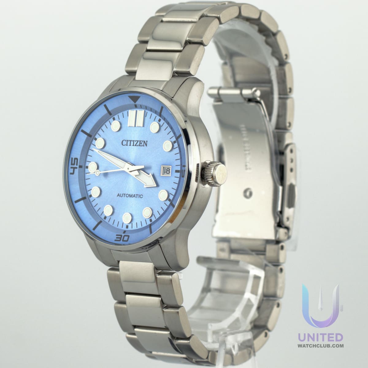 Citizen automatic blue dial watch featuring a vibrant blue dial and robust stainless steel case and bracelet.