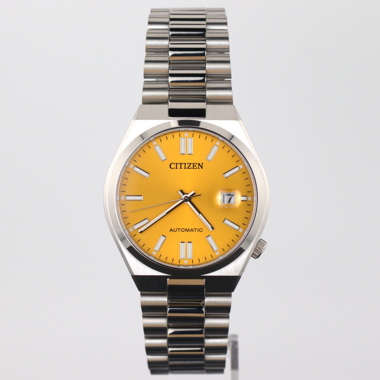 Citizen Tsuyosa automatic men's watch NJ0150-81Z with yellow dial and stainless steel bracelet.