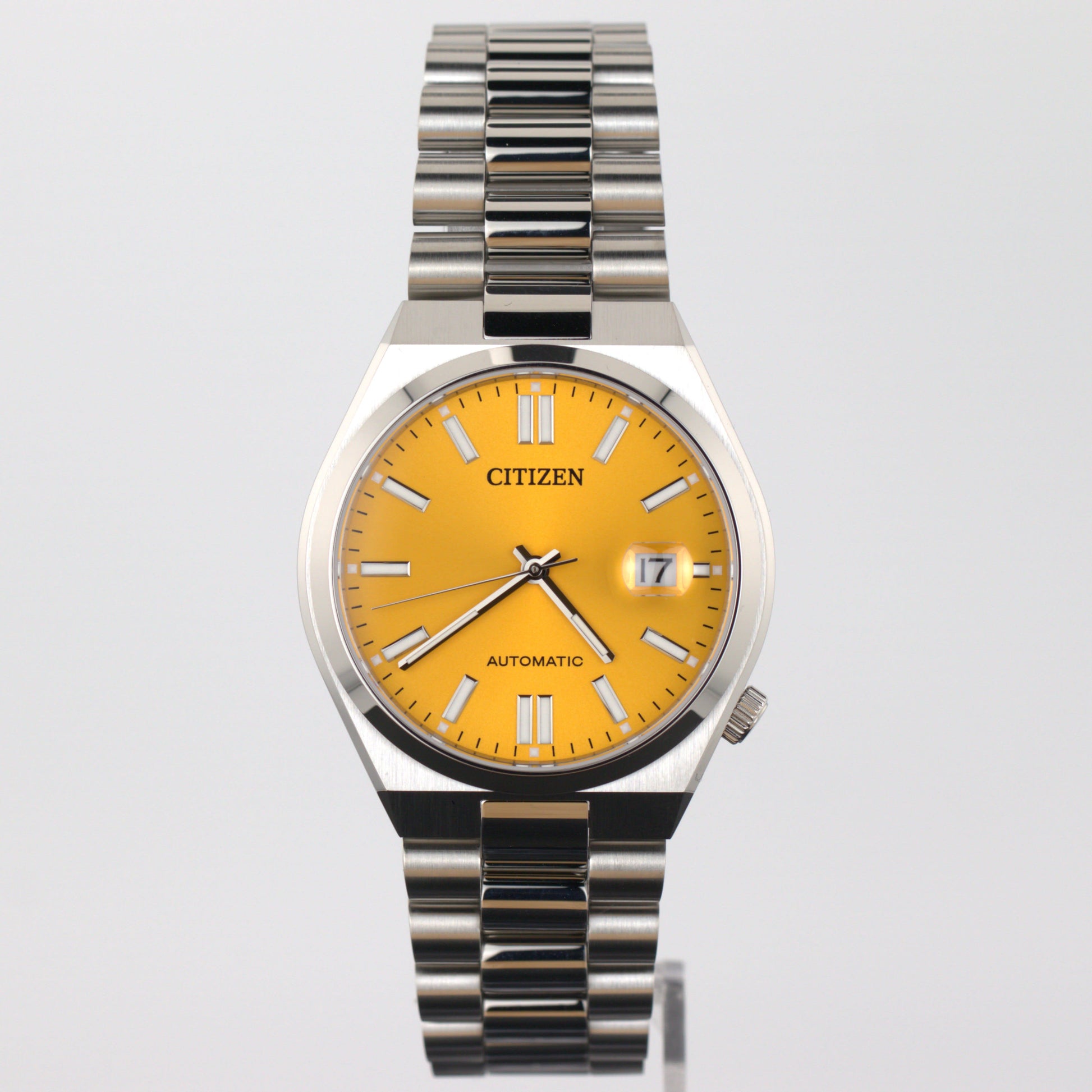 Citizen Tsuyosa automatic men's watch NJ0150-81Z with yellow dial and stainless steel bracelet.