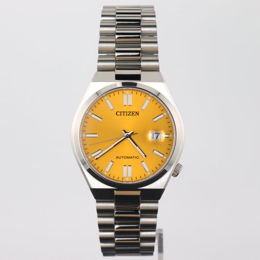 Citizen Tsuyosa automatic men's watch NJ0150-81Z with yellow dial and stainless steel bracelet.