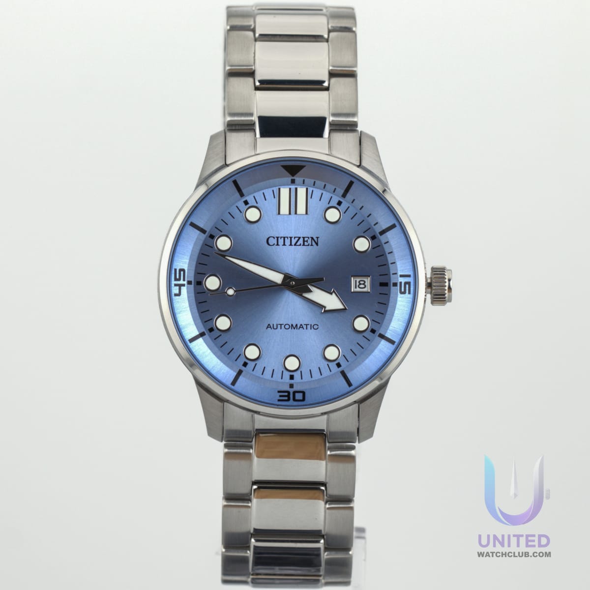 Citizen automatic blue dial watch in a 40mm stainless steel case with vibrant light blue dial.