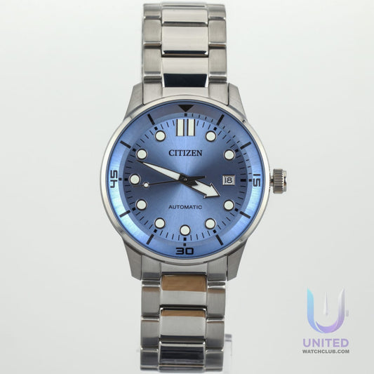 Citizen automatic blue dial watch in a 40mm stainless steel case with vibrant light blue dial.