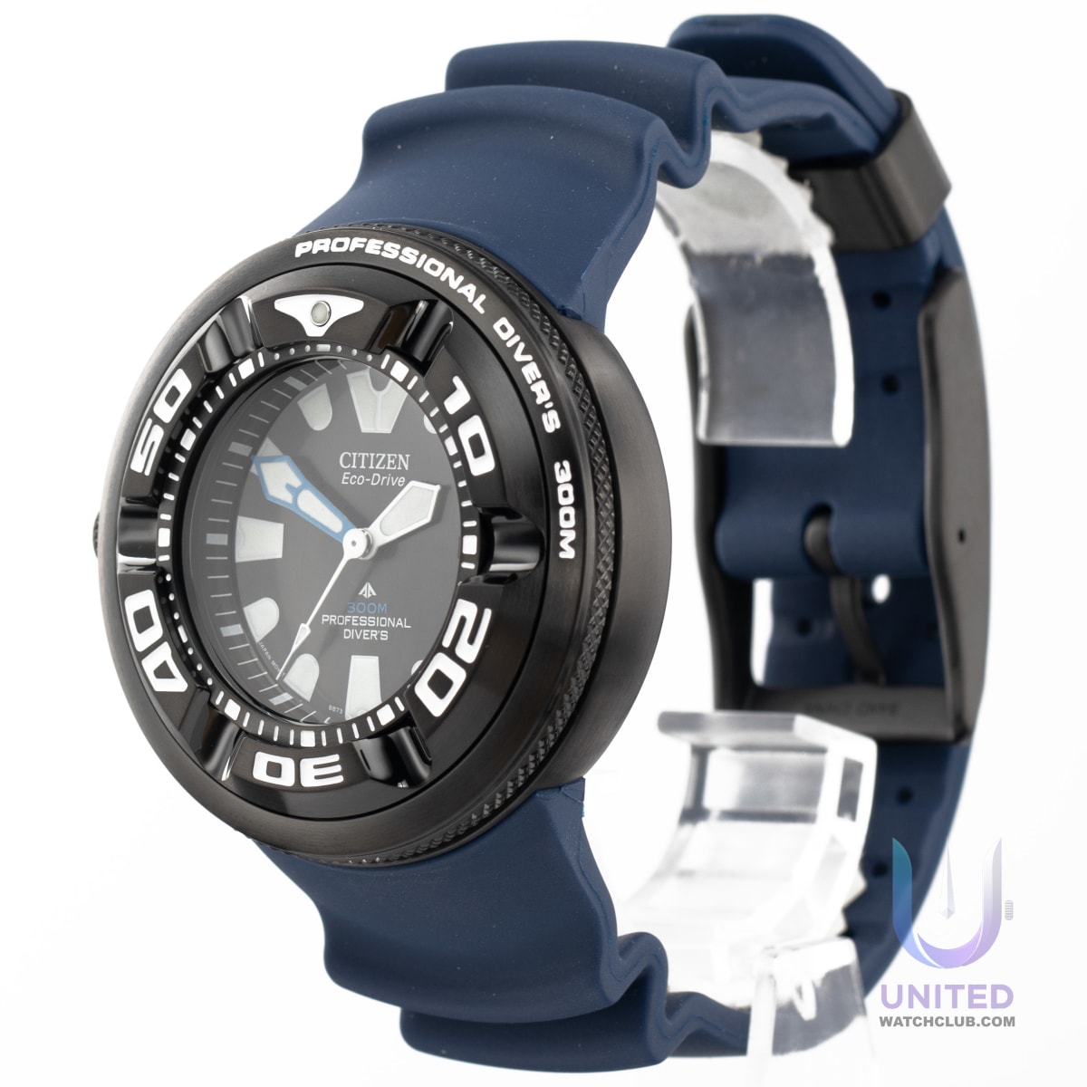 Citizen Promaster Marine dive watch showcasing a black dial and blue polyurethane strap.