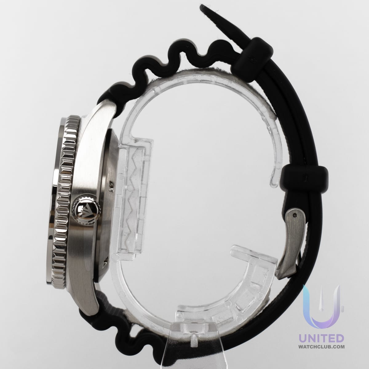 Citizen Promaster Diver watch side view with black rubber strap and stainless steel case