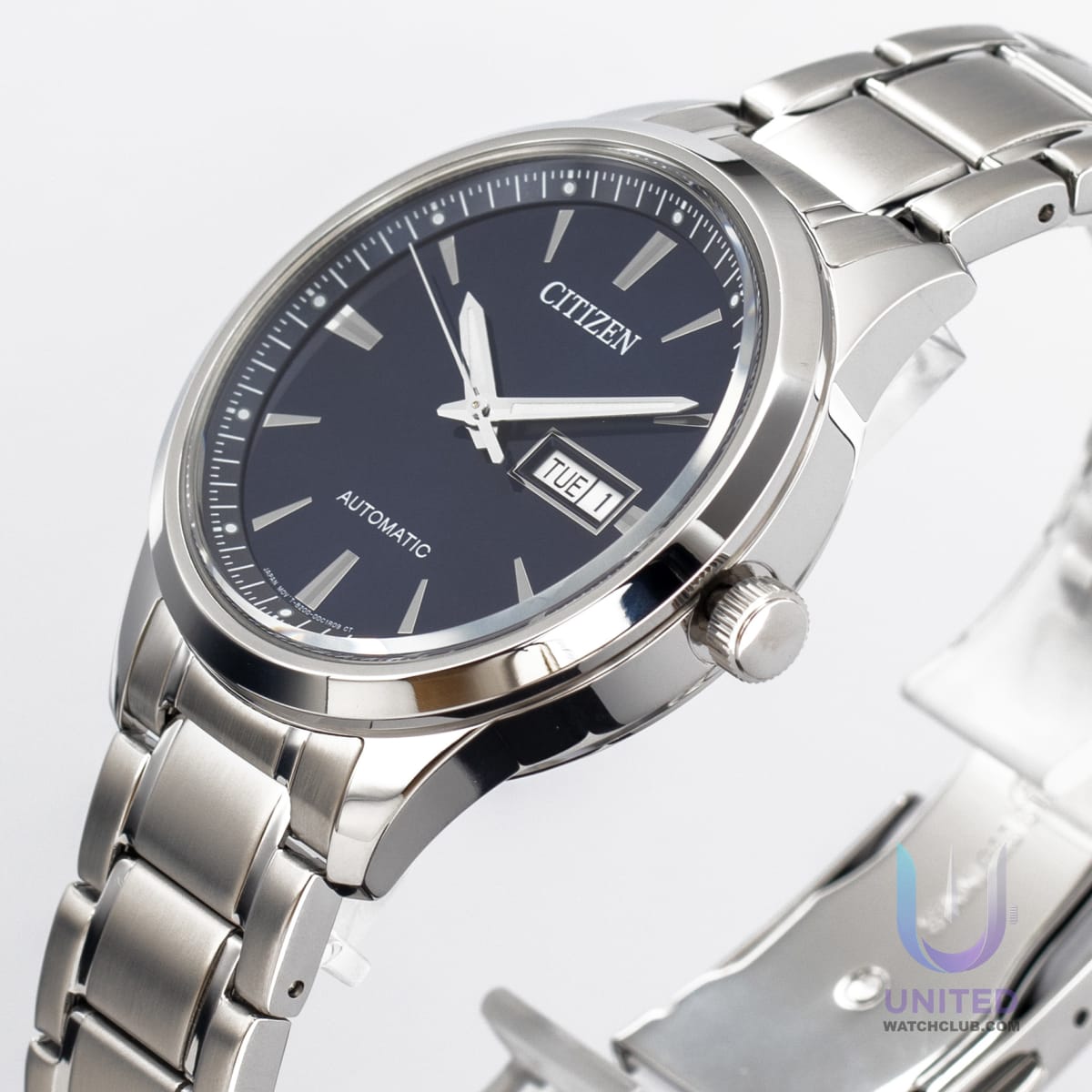 Citizen automatic watch blue dial with stainless steel band, showcasing day-date display and Caliber 8200 movement.