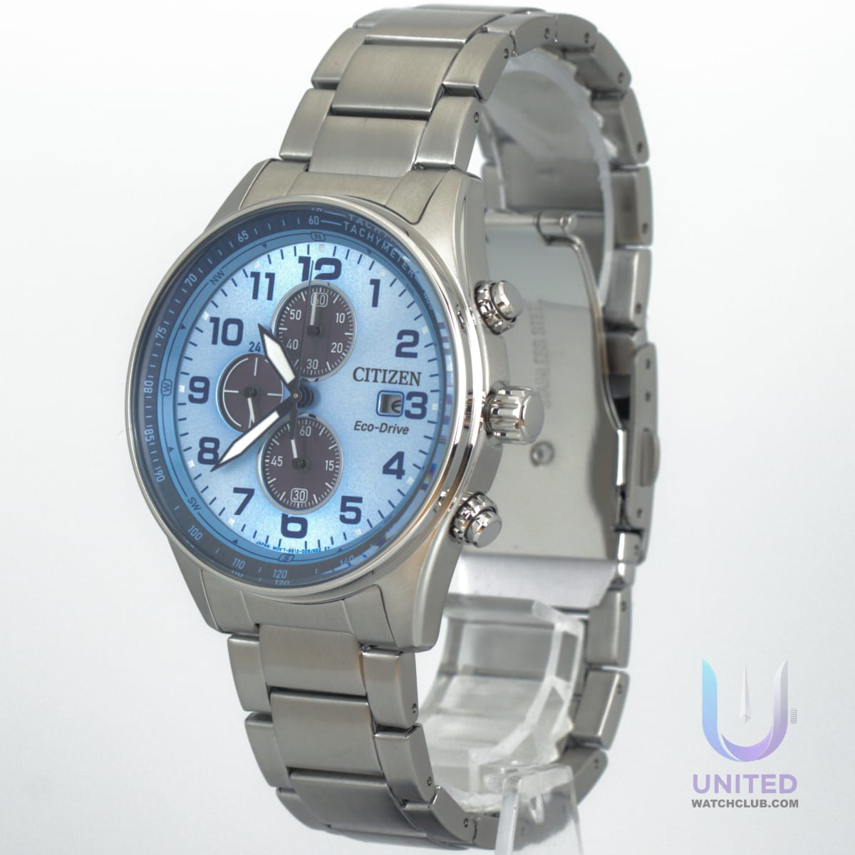 Citizen Eco-Drive chronograph watch with blue dial and stainless steel bracelet, 43mm CA0770-72M.
