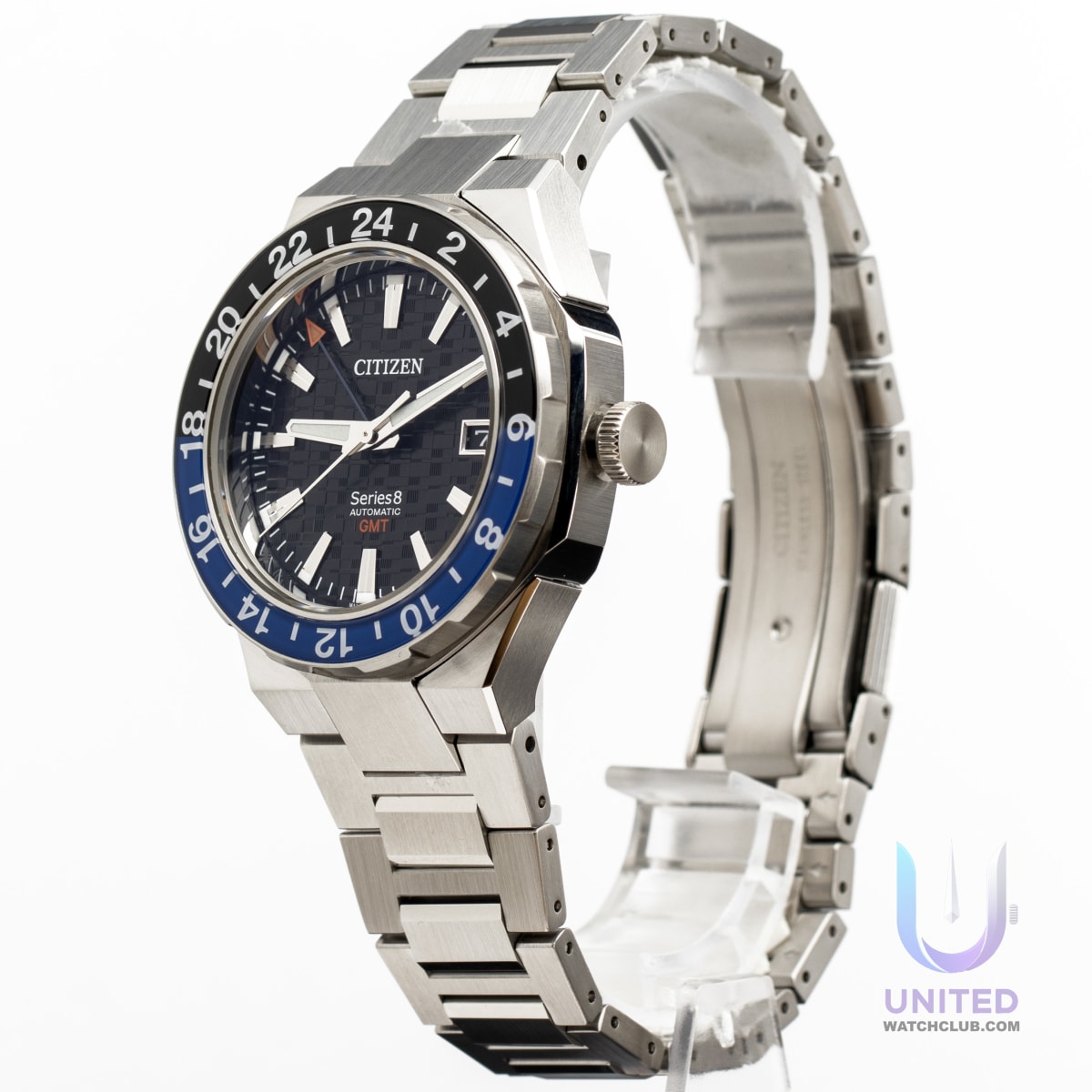 Citizen Series8 880 GMT watch with black dial and bi-directional bezel, showcasing modern design and technology
