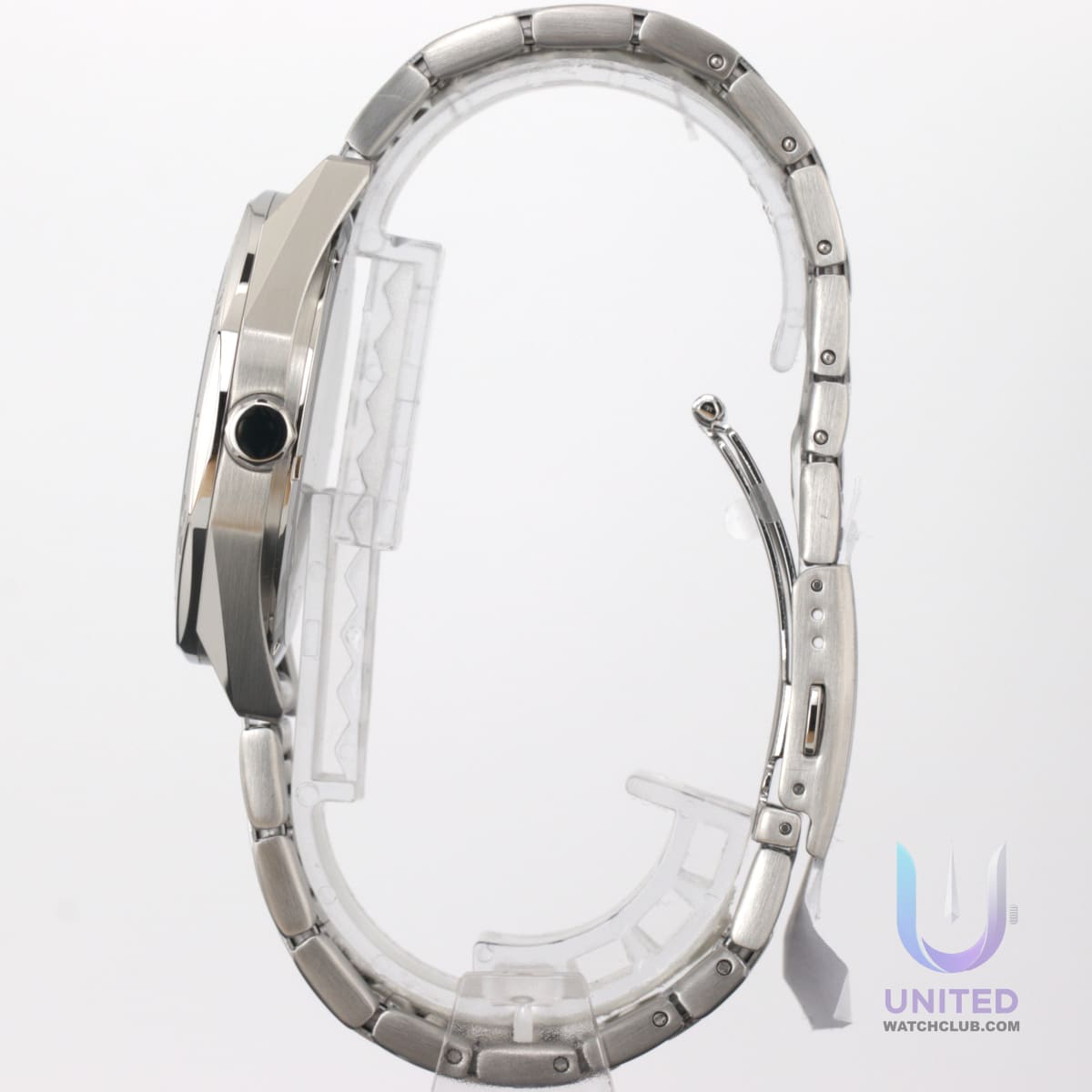 Citizen Eco-Drive BM7630-80Z men's watch side view showcasing silver-tone stainless steel bracelet.