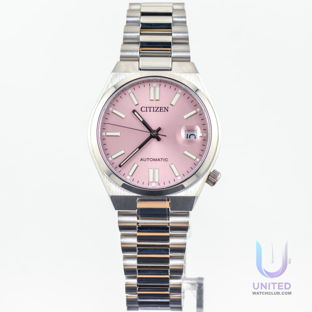 Citizen Tsuyosa pink dial watch with silver-tone stainless steel case and automatic movement.