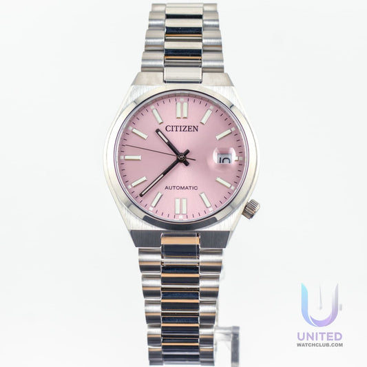 Citizen Tsuyosa pink dial watch with silver-tone stainless steel case and automatic movement.